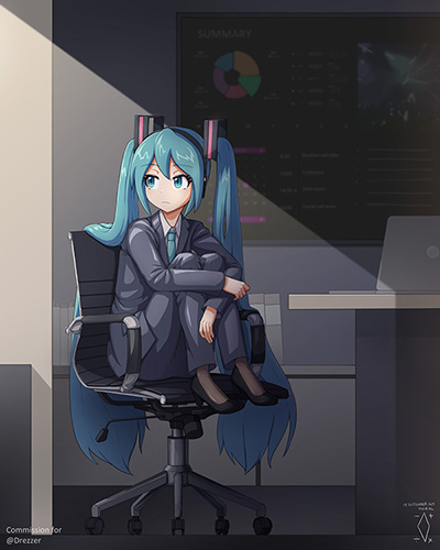 Miku in her business attire, sitting with knees up and feet on the seat in a desk chair, looking distracted